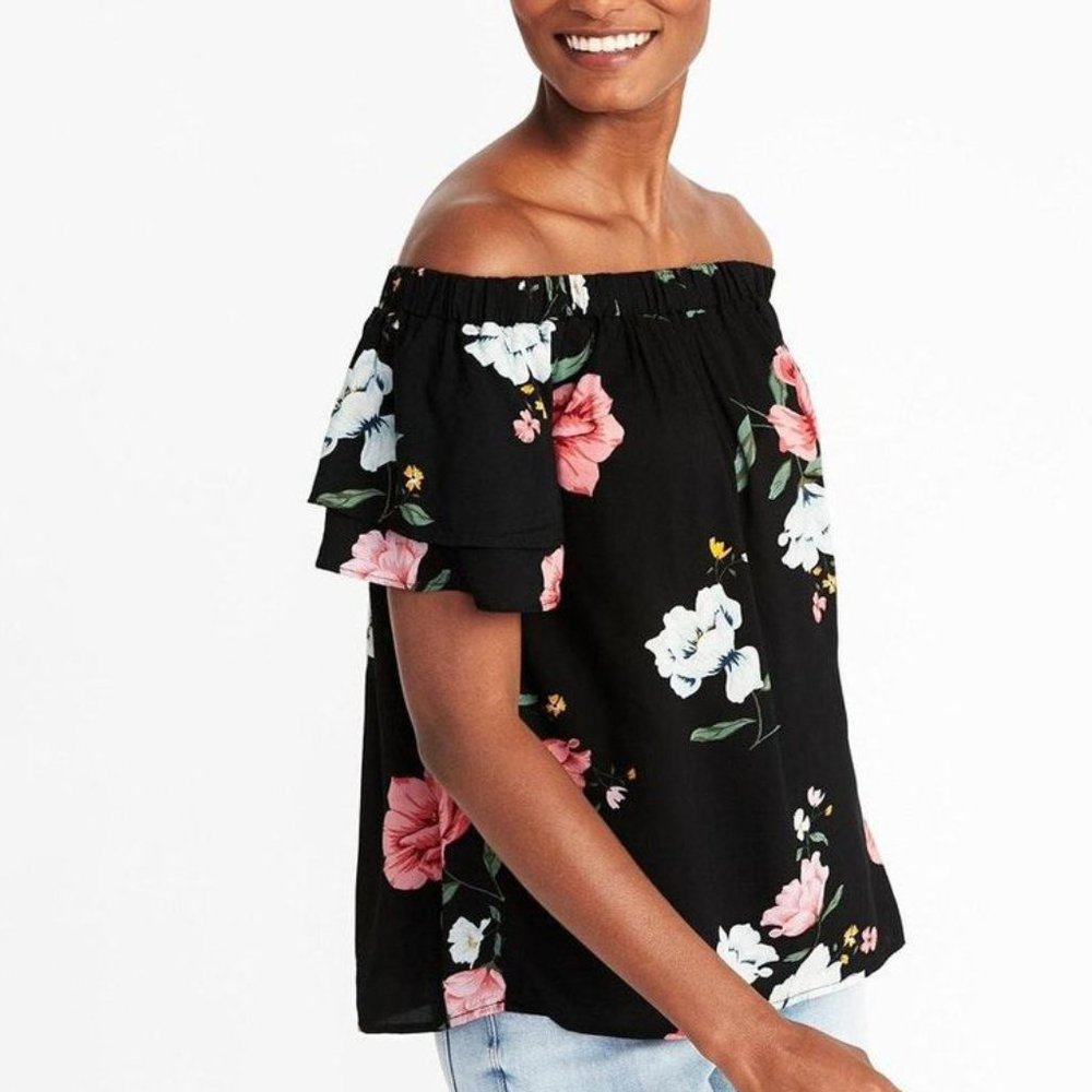 Old Navy Black Floral Off the Shoulder Short Sleeve Top - XXL